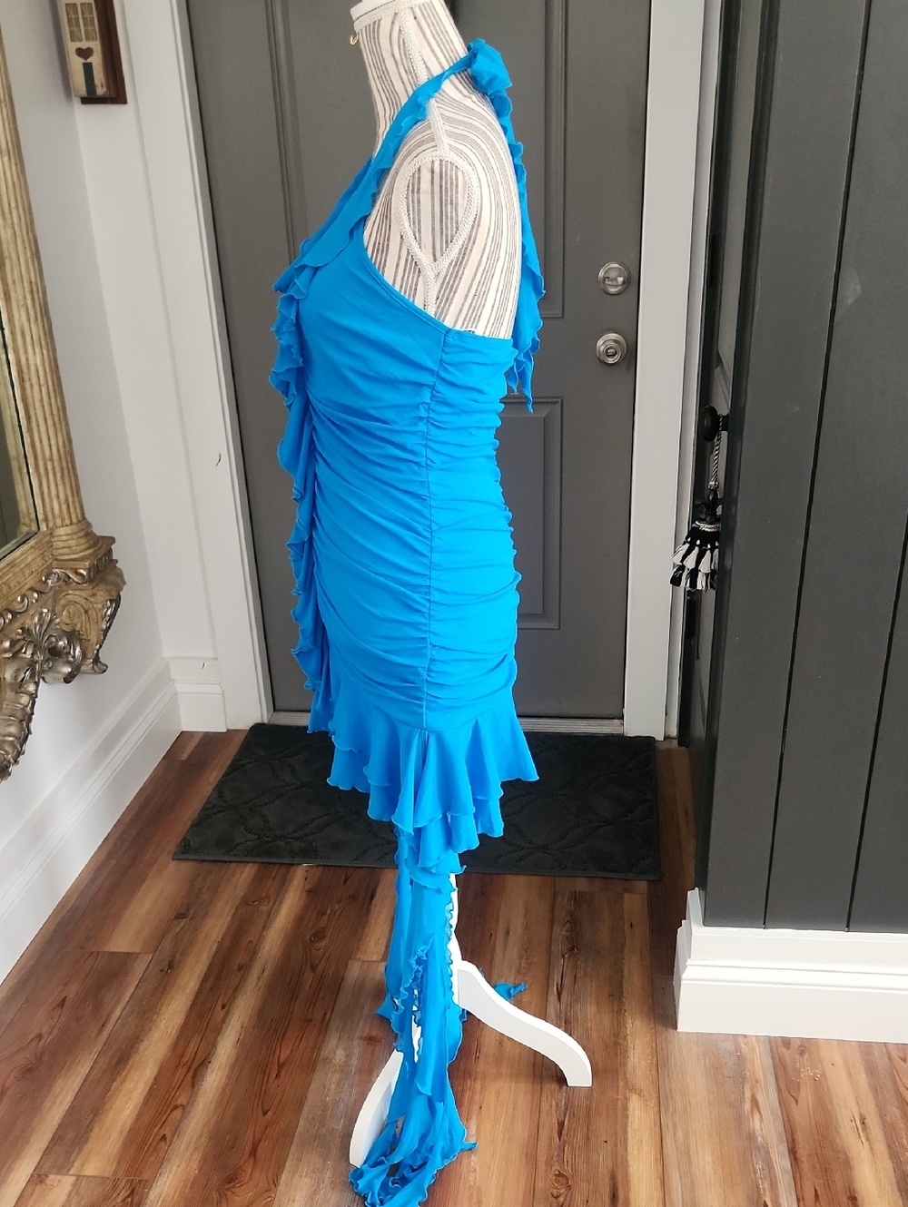 Bright Blue Ruffled Ruched  Halter Mini Dress - Picture 4 of 12